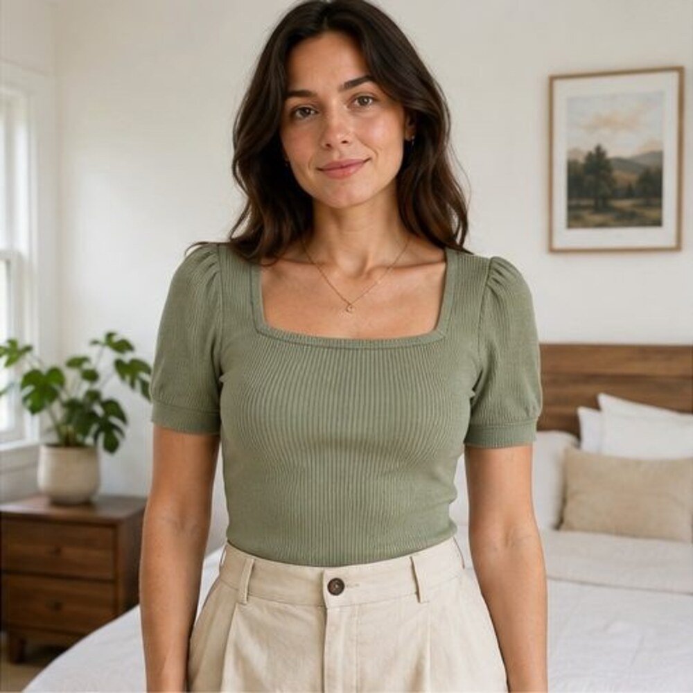 Sage Ribbed Square Neck Top - Picture 2 of 6